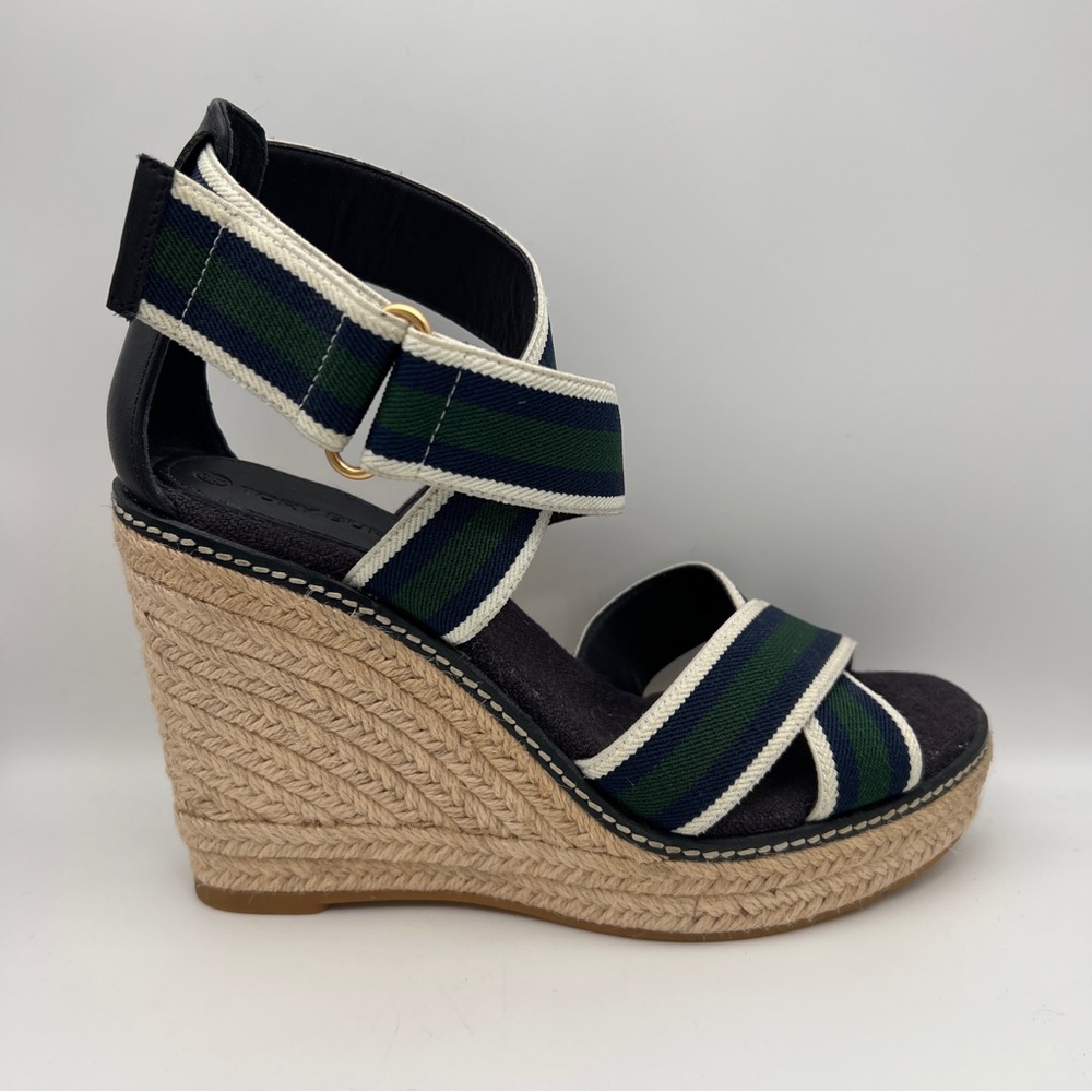 TORY BURCH Frieda Striped Espadrille Wedge Sandals - Green Blue Stripe - Sz 7.5 - Picture 6 of 11